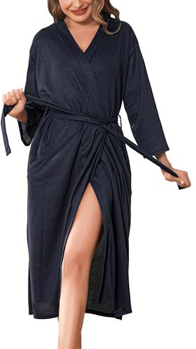 Wikoan Peignoir Léger à Manches Longues pour Femme Peignoir Doux et Col en V Robe Kimono Longue avec Poches Peignoir Piscine Hôtel Bleu Marine XL