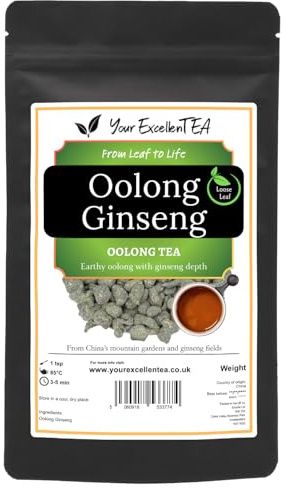 Oolong Ginseng Loose Leaf Tea with Ginseng Powder, Sweet & Earthy, 100g | Refreshing Chinese cup with rounded sweetness and earthy depth, enjoyable hot or iced, packed in a resealable pouch.