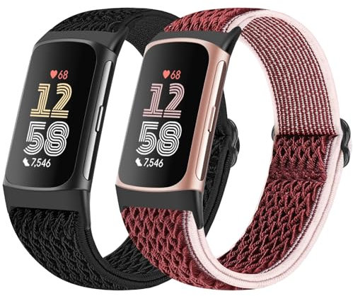 Bcuckood 2 Stück elastische Nylon Armband kompatibel mit Fitbit Charge 6/Fitbit Charge 5, verstellbares, atmungsaktives Ersatz-Stretch-Nylon-Schlaufen armband, Sportarmband für Damen und Herren
