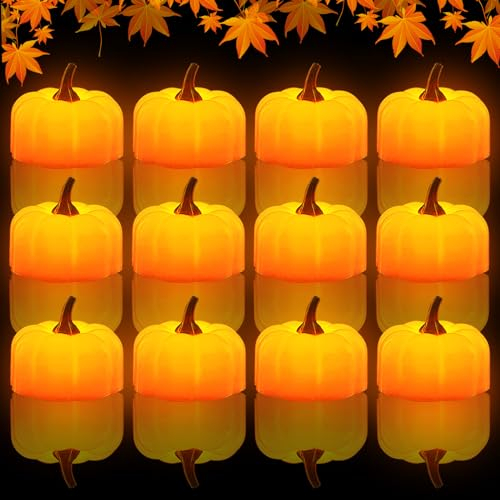 Herbstdeko Kürbis LED Teelichter, 12 Stück Herbst Deko Kürbis LED Kerzen Flammenlose, Batteriebetrieben Kürbis Deko Teelichter LED Flackernde für Herbst Dekoration und Halloween Deko (A)