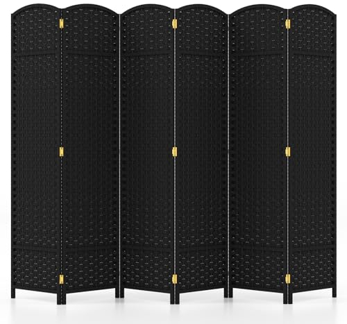 COSTWAY Paravent 240 x 170 cm, Trennwand Raumteiler mit handgewebter Textur & massivem Holzrahmen, Room Divider klappbar, Sichtschutz für Wohnzimmer, Schlafzimmer, Balkon (Schwarz)