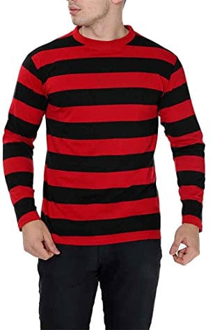 FASHIONISM Mens Long Sleeve Horizontal Black and Red Stripe T Shirt Unisex Crew Neck Striped Pull Over Halloween Party Wear Basic Tees Top