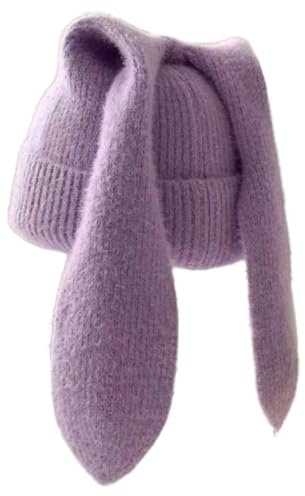 Whakano Mütze Damen mit Hasenohren,Warme Strickmütze,Elastisches und Weichem Beanie Mütze Winterhüte,Lustige Mütze,Beanie für Damen & Herren,Einheitsgröße,Mütze für Herbst und Winter,Lila