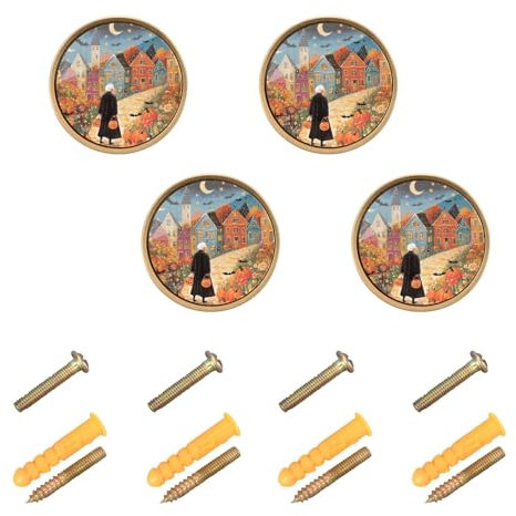 ODAWA Halloween Village Night Sky Round Drawer Knobs 4 Pcs Round Cabinet Door Knobs Hardware Zinc Knobs for Dresser Drawers, 1-1/4 Inch (32 Mm)