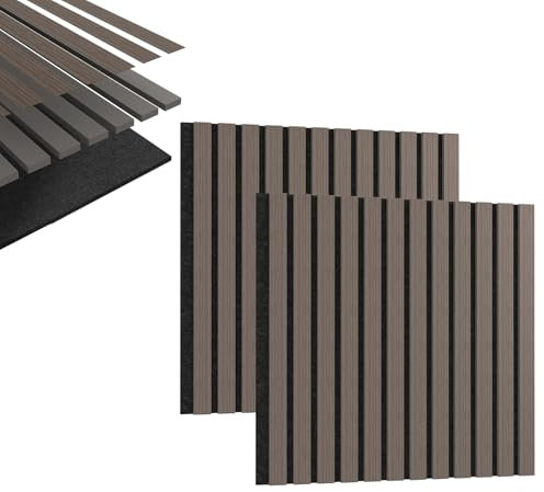 YUENFONG Akustikpaneele Echtholz 60x60cm, 2er Set Lamellenwand Wandpaneele Wandverkleidung Holzpaneele aus MDF Polyvinylfaser, Akustikplatten Moderne Wandpaneel, Braun