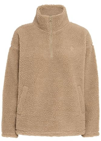 OXMO OXTolirone Damen Teddy-Pullover Sweater Pullover mit Troyerkragen Eingrifftaschen Loose fit, Größe:M, Farbe:Dune (171009)