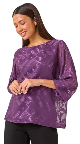 Roman Overlay Top for Women UK - Ladies Summer Blouse Spring Everyday Holiday Autumn Work Winter Round Neckline Comfy Pull-On Soft Vacation 3/4 Length Sleeves - Purple Shimmer - Size 12