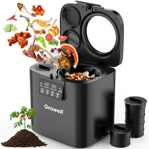 Growell Electric Composter for Kitchen, 4L Indoor Odorless Compost Bin with 2 Carbon Filters, Auto-Cleaning, Large LED Display, Visible Window, Smart Countertop Food Waste Composting Machine