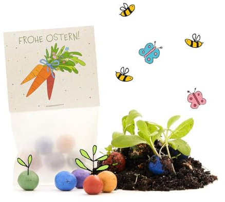Ostergeschenk Frohe Ostern – Mit bunten Blumenmurmeln l 10 x 5 kleine Saatkugeln in einem Tütchen mit fröhlichem Möhren-Motiv l Geschenk zu Ostern l Geschenkidee Ostern l Ideal fürs Osternest