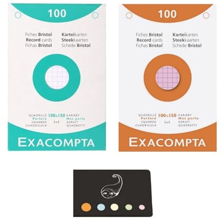 Lot 100 Fiches Blanches + 100 Fiches Couleurs Assorties Bristol Quadrillées 5x5 Perforées 100 x 150 mm + 1 Index Adhésif Blumie (13602E+13652E)