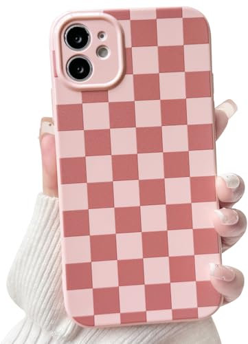 NITITOP Compatible with iPhone 11 Case Cute Aesthetic Checkerboard Checkered Pattern for Women Girl Trendy Slim Fit TPU Silicone Shockproof Full Camera Protection Cover - Pink