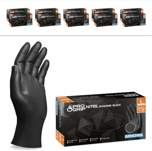 PROGRIP Einweghandschuhe Diamant Grip, Schwarz, Einmalhandschuhe Extra Stark, Nitrilhandschuhe Gr. L, 2x dicker, Handschuhe Einweg, Arbeitshandschuhe für Werkstatt & Montage, 1000 Stück (20x50 Stk)
