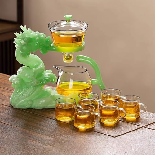 QTQHOME Lazy Kungfu Glas Teeservice, halbautomatisches Drachen-Teeset mit 6 Tassen, Drachen Teeservice Wasserumleitung rotierender magnetischer Tropf, rotierend mit Teesieb, Glas-Teekannen-Set, Grün