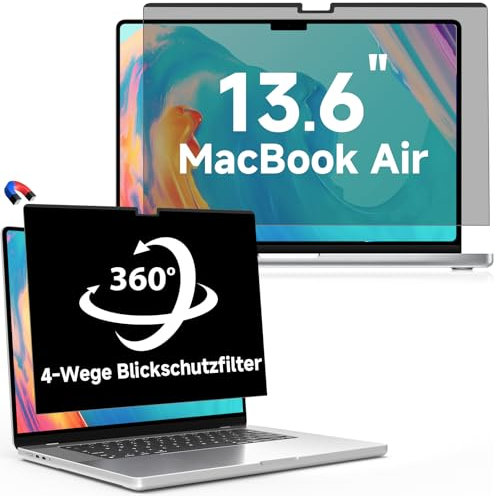 LUSA DESIGN 360° Magnetischer Blickschutzfolie für MacBook Air 13,6 Zoll (2022-2025,M2/M3/M4), Abnehmbarer Sichtschutzfolie mit Webcam Abdeckung um Anti Glare Blaulicht 13,6 Sichtschutzfilter