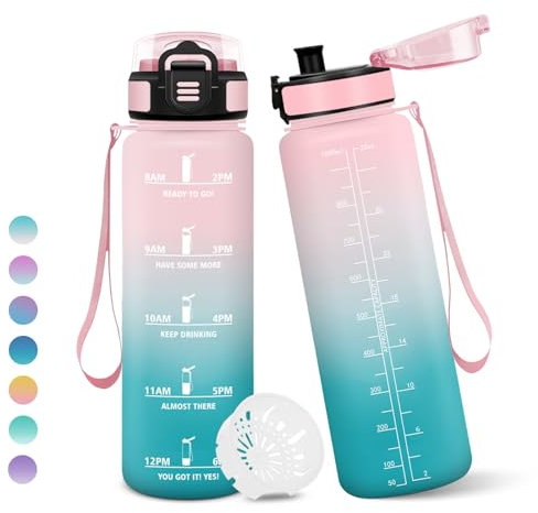 Motswedi Botella Agua, 1 litro Libre de BPA, Botella Agua Gimnasio, Con Marca de Tiempo, Botellas de Agua, Diseño de Cerradura a Prueba de Fugas, Botellas de Agua Para Niños para Deportes - Rosa&Cian