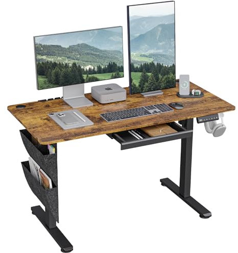 DSNAPE Height Adjustable Electric Standing Desk with Drawer, 120 * 60cm Stand Up Table with Storage Shelf, Sit Stand Desk with Side Storage for Home and Office, Black Frame/Rustic Brown Top