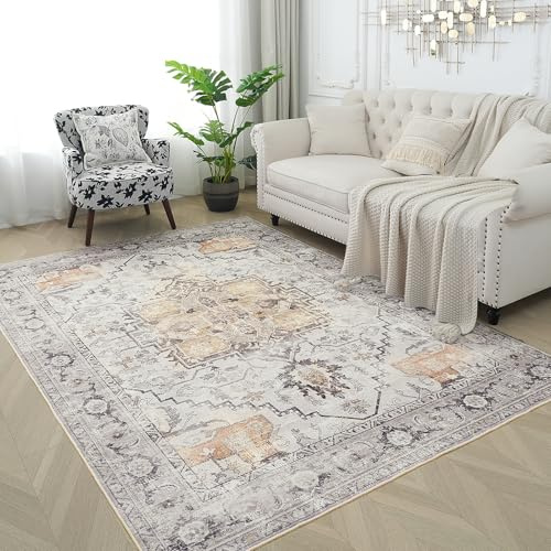 Xfrog Teppich Wohnzimmer Waschbare Teppiche Gegend Kurzflor Vintage Teppich Schlafzimmer Grauer Grau 200x300CM