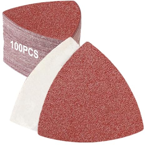 PMIQSA 100 Stück 180 Körnung Deltaschleifer Schleifpapier Dreieckschleifer | 93x93x93mm Aluminiumoxid Schleifblätter klett, Multitool Schleifpapier für Deltaschleifer Schleifpapier für Holz Metall