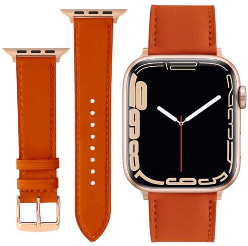 ONET8O Leather Strap Compatible with Apple Watch 38mm 40mm 41mm Replacement Genuine Leather Bands for iWatch Series Women and Men Watch Wristband (38mm 40mm 41mm) Orange
