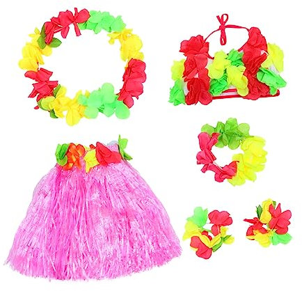 Ipetboom 1 Satz Hawaiian Kostüm Set für Teiliges Set mit Grasrock Halskette Armband Haarband Oberteil Sommerpartys Cosplay Dress Up Aktivitäten