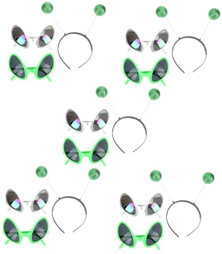 Healvian 5 Sätze Alien Haarreif mit Antennen und Grünen Brillen Leichtes Langlebiges Halloween Kostümzubehör für Party Cosplay und Foto Requisiten Kreatives Design für Spaßige Verkleidungen