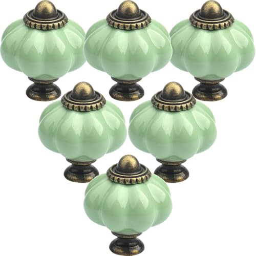 LHNNDM 12pcs Ceramic Door Knobs,Light Green Pumpkin Ceramic Knobs with Screws, Antique Wardrobe Pull Handles for Kitchen Cupboards Cabinet Dresser (12, Light Green)