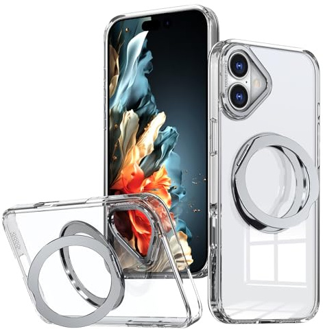 XKchatpt Mag-Stand 360° Rotatable Ring Magnetic Case for iPhone 16;［Supports wireless charging］Transparent Hard Silicone Shockproof Cover with Ring Holder for iPhone 16(Clear)