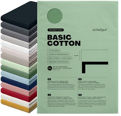 schlafgut Basic Cotton Spannbettlaken 180x200 cm 100% Baumwolle, Green Mid | Bettlaken, Spannbetttuch 200x200 cm, Grün, Jersey, bis 22 cm Steg, Made in Green, atmungsaktiv