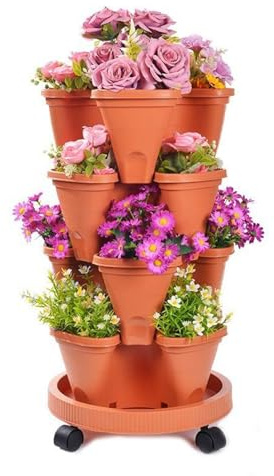 Genérico Macetero Vertical - Contenedor De Plantas Apilable con 4 Niveles | Maceta con Drenaje Automático, Ruedas y Bandeja Inferior,para Fresas, Verduras, Frutas, Balcón, Interior, Exterior