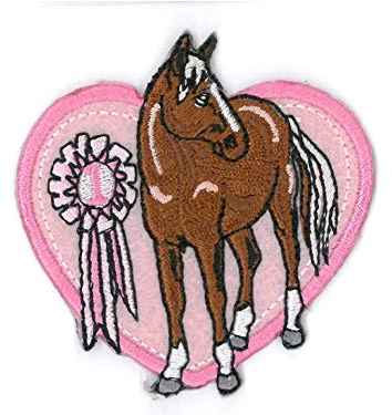 Kleiber Bügelbild Patch Applikation zum Aufbügeln Herz rosa mit Pferd 6,3 x 6,3 cm