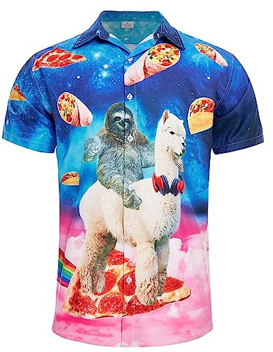 RAISEVERN Hawaii Hemden Herren Männer Alpaka Faultiere Freizeithemden Hässliche 3D Druck Bad Taste Lustige Pancake Jungen Party Geschenk, L
