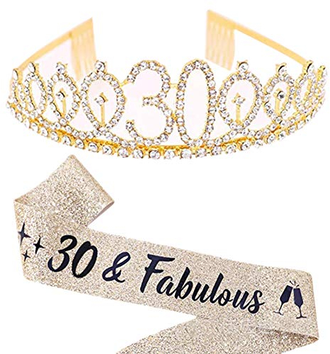 Gold Geburtstagskrone 30. Geburtstag Crystal Tiara Crown mit 30 & Fabulous Geburtstagsschärpe Feier Princess Crown Party Jubiläumsfeier