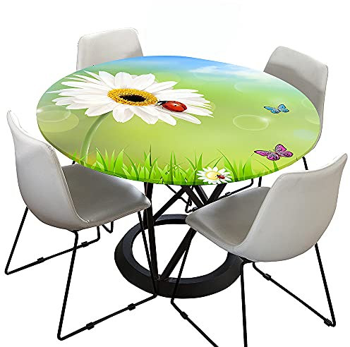 Morbuy Rund Tischdecke Elastisch, Blumen Drucken Rund Tischdecken Wasserdicht Lotuseffekt Abwaschbar Abwischbar Tischtuch für Dekoration Küchentisch Garten Outdoor (Durchmesser 200cm,Marienkäfer)