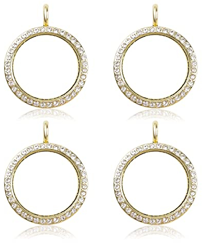 WANDIC Strass Foto Charms, 4 Stück Gold Runde Memory Medaillon Anhänger Braut Hochzeit Bouquet Charms Für Foto Oder Dekoration, 30 mm