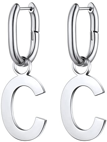 FOCALOOK 316L Edelstahl Ohrhänger mit Buchstabe C in Silber, Große Ohrringe Ohrstecker mit Anhängern, Hängende Ohrringe für Geliebte/Freundin/Tochter zum Geburtstag/Valentinstag/Weihnachten