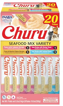 INABA Churu Cat Treats, Lickable, Squeezable Creamy Purée Cat Treat with Green Tea Extract & Taurine, 0.5 Ounces Each Tube, 20 Tubes, Seafood Variety Box