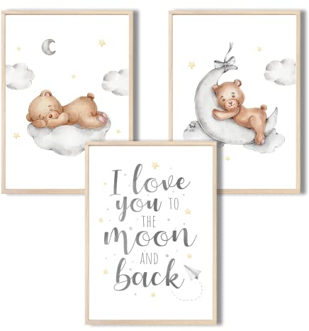 MeinBaby123® Bilder Kinderzimmer | 3er Set DIN A4 Poster Set | Wandbilder mit Spruch | Regenbogen | Deko Kinderzimmer Mädchen und Jungen | Babyzimmer Deko | Wandposter Premium (Bär & Mond)