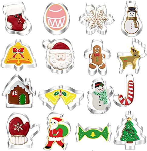 RUIYWEN Set di 16 Formine per Biscotti Natale a Forma di Babbo Natale Fiocco di Neve Albero di Natale, Stampini in Acciaio Inossidabile per Biscotti Torte Fondant Cioccolato