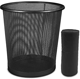 EUROXANTY Papelera de rejilla + Bolsa basura | Papelera de oficina | Papelera de metal | Rejilla para ventilar | Pack 15 bolsas | Negra 12L