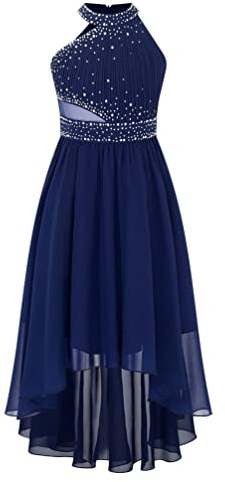 TiaoBug Festliche Kleider Mädchen Kinder Pailletten Partykleid Blumenmädchenkleid mit Asymmetrische Chiffon Plissee Rock Hochzeits Kleidung Dunkelblau M 158-164