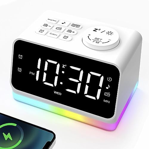 AFEXOA Wecker digital Kinder Radiowecker mit Licht, Geräuschmaschine, Tischuhr mit 2 Wecker, UKW-Radio, LED RGB Display 0–100% Dimmbar, Timer, Schlummer, Wecker mit 2 USB Ladestation für Handys