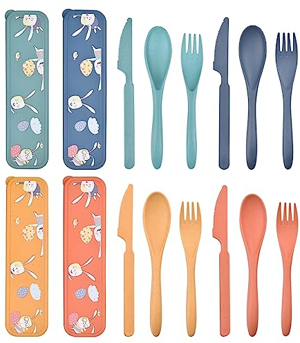 4 Ensembles Couvert Plastique - Motif de Mignons Lapins, Couvert Plastique Reutilisable Couvert Camping - Solide et Durable, Couvert Lunch Box pour Voyage, Pique-Nique, École, Compagnie (4 Couleur)