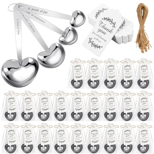 Umigy 50 Set Heart Shaped Measuring Spoon Tea Spoons Wedding Baby Shower Favor for Guests Set Heart Shape Drawstring Organza Bag Gift Tag Rope for Wedding Bridal Shower Souvenir (Silver)