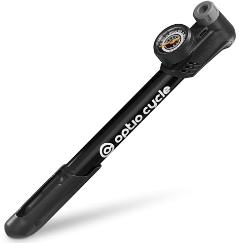Optio Cycle Kleine Fahrradpumpe Alle Ventile Druck 8,3 bar / 120 PSI - Mini Fahrradpumpe mit Manometer für AV/FV Ventile Presta Schrader Dunlop, Rennrad Pumpe/Fahrrad Luftpumpe für alle Ventile