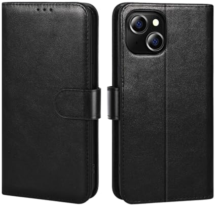 LETREEN Handyhülle für iPhone 15 Hülle, Schutzhülle für iPhone 15 6,1 Zoll, Premium Echtleder Wallet Flip Case 【RFID Schutz】 Standfunktion Kartenfach Klapphülle - Schwarz