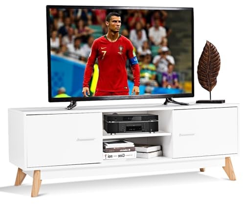 KOMFOTTEU Mueble para TV de hasta 60 Pulgadas, Soporte de TV con 2 Compartimentos Abiertos y 2 Puertas, Mueble Bajo con Patas de Madera Maciza, Armario para Salón, Estudio, 140 x 40 x 48 cm, Blanco