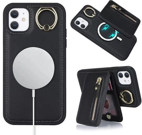 ELTEKER Mobile Phone Case for iPhone 11, Case with Card Slot, Magnetic Removable Card Holder, Ring Holder, Zip Pocket, Black