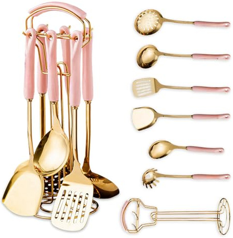 Gold Kitchen Utensils,7pieces Cooking Utensils Set,Kitchen Tools Set With Utensil Holder, Gold Kitchen Accessories,Dishwasher Safe, Easy To Clean(Pink)