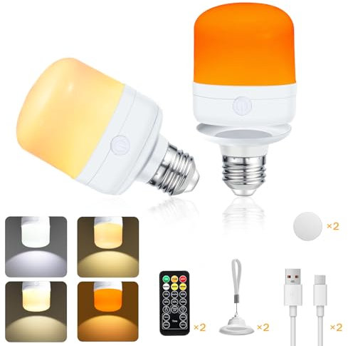 Pulsky USB E27 Rechargeable Bulb, 2 Pcs Battery Light Bulb, Remote Control with 4 Color Temperatures and Timer, 700 Lumen Dimmable, for Non Hardwired Lamps, Wall Sconce,Home,Camping