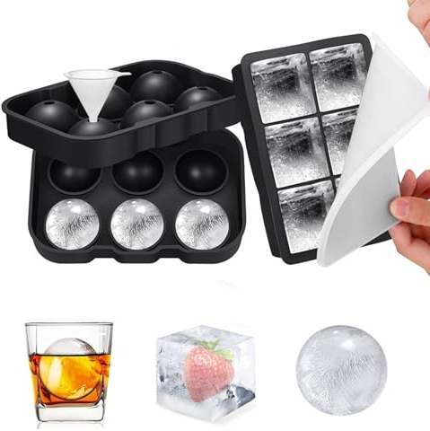 Hanidon 2 Packs Silicone Ice Cube Moulds, Large Square and Sphere Ice Cube Trays with Lids, 6 Big Easy Release Ice Cubes per Tray for Whiskey, Chilled Drinks, Gin and Cocktails